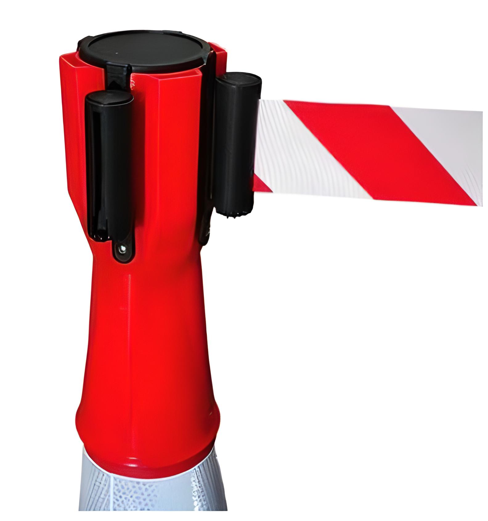 Enrouleur pour c&ocirc;ne rouge et blanc hachur&eacute;